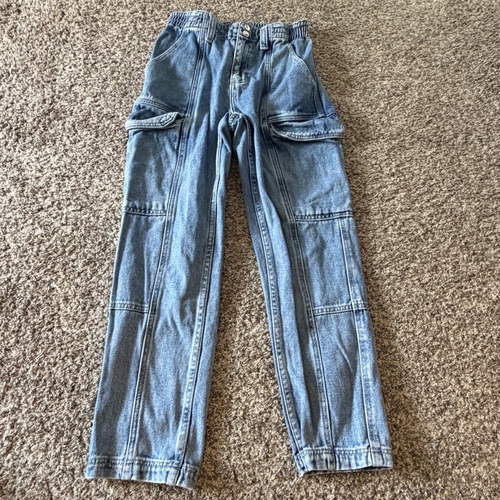 PacSun Women Small Blue Denim Cargo Pants High Rise Elastic Waist Utility Jeans - Picture 1 of 3